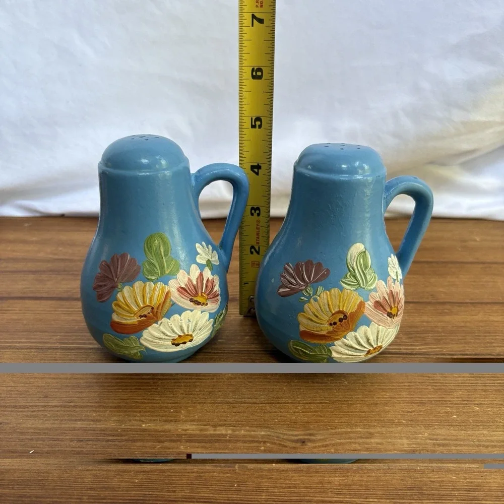 Vintage Ransburg Pottery Blue Floral Hand Painted Salt Pepper Shakers MCM